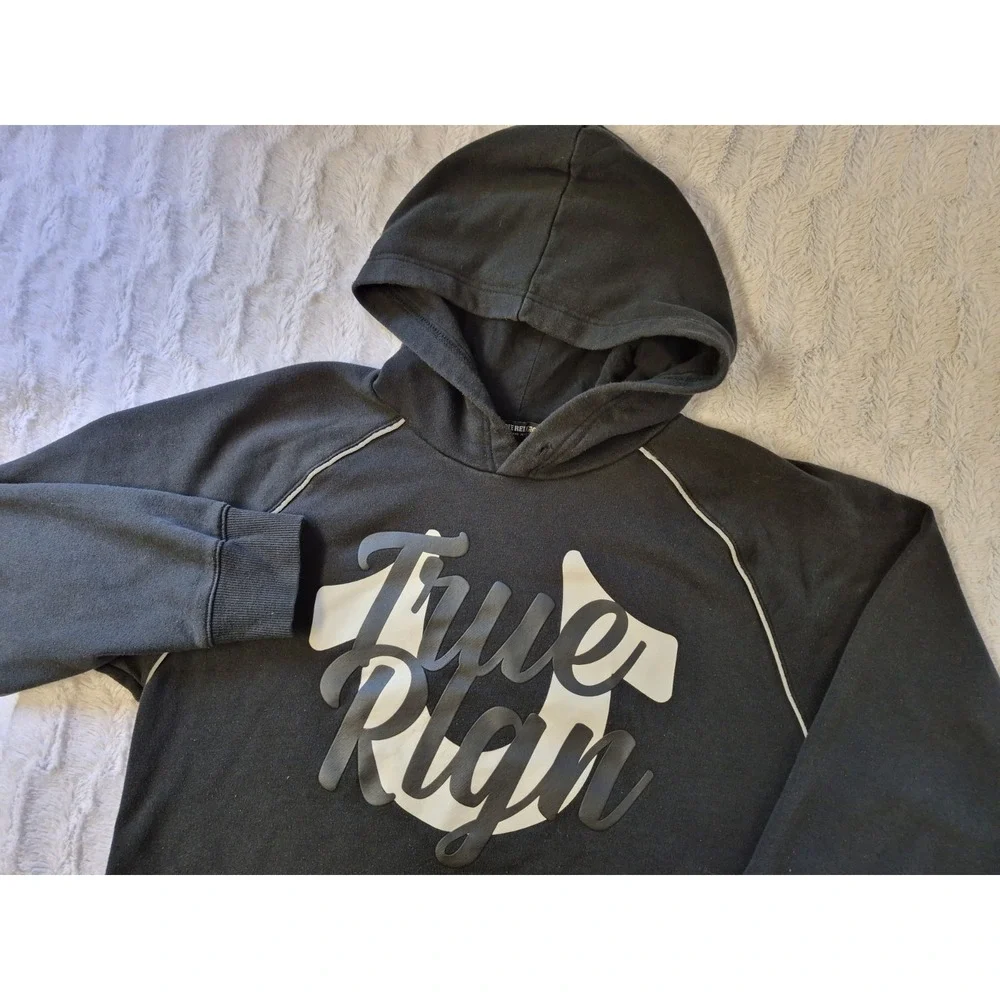 True Religion Pullover Hoodie Sweatshirt Men's Large Horse Shoe Spell Out Logo
